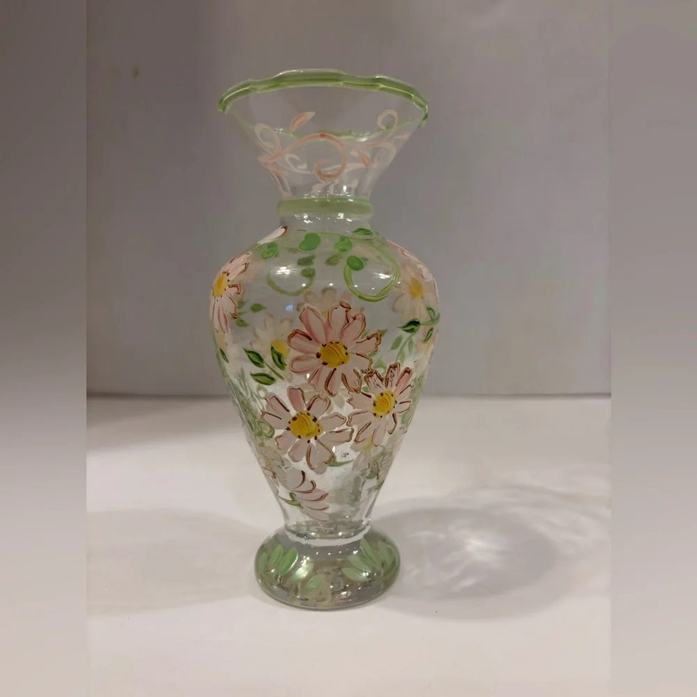 Vintage Tracy Porter boho hand painted floral design set of 2 glass bud vases
